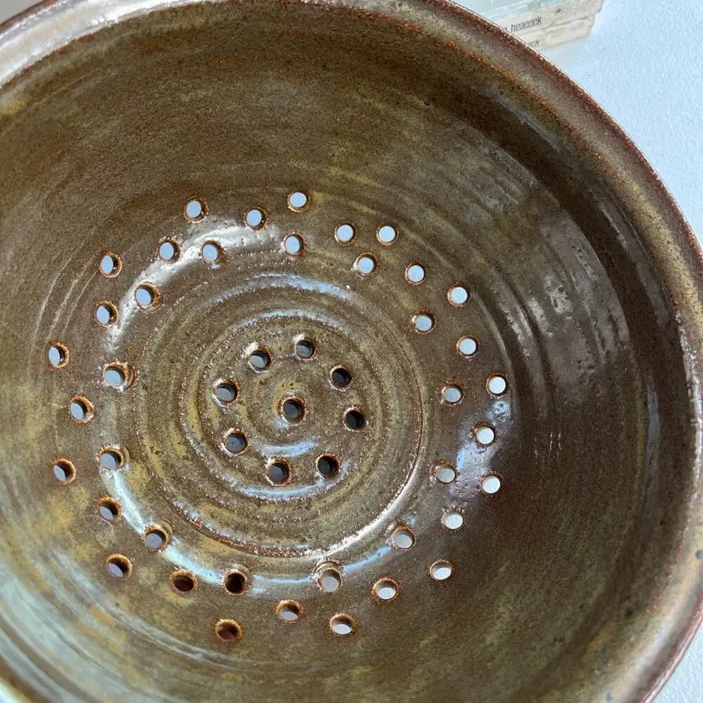 Studio Art Colander 8.5 in Stoneware Green Brown Rim Swirl Glazed Earth Toned